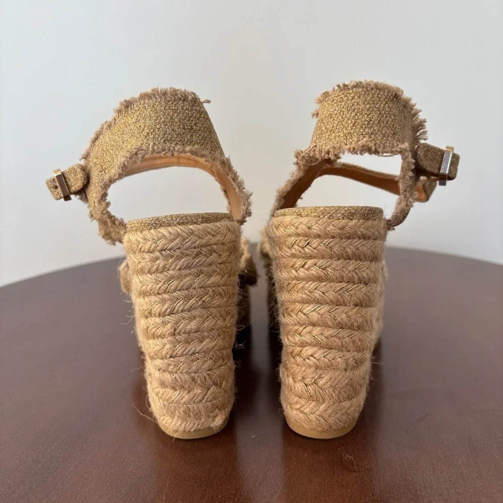 Castañer Bromelia Frayed Metallic Canvas Wedge Espadrilles, Size 39/ US 8